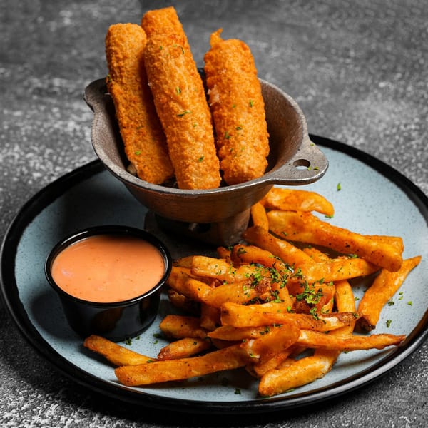 Fried cheese sticks in a metal cup, seasoned fries, and a dipping sauce on a blue plate.